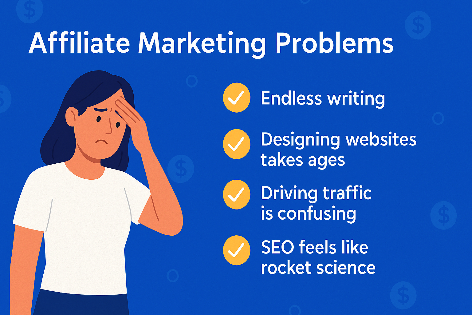 Flat-style infographic showing a worried woman on the left and a list of common affiliate marketing problems on the right, including endless writing, complex website design, confusing traffic strategies, and SEO difficulties.